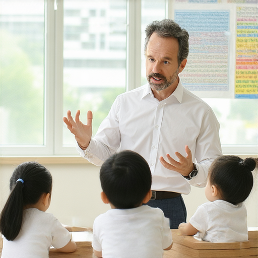 一位外籍老師與學生進行一對一英語教學，學生專心聆聽，教室環境明亮，學習氛圍輕鬆愉快。告別英文無能，開啟流利之路，立即體驗外籍老師教學。