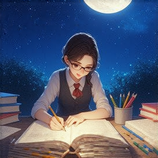 滿月的夜空下，一位外籍老師正與學生進行一對一的英文教學，探索滿月的秘密與表達方式，教學互動生動有趣，增進語言能力。