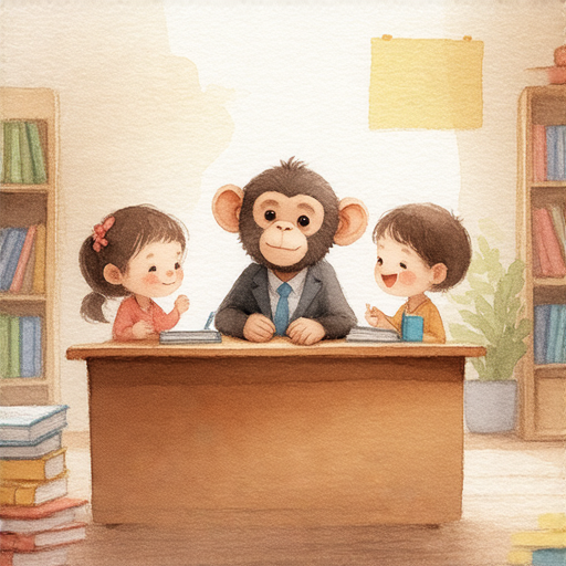 猴子與外籍老師一對一互動的畫面，學生們專注於學習英語，探索學習的秘密，增進語言能力與文化交流，全新學習體驗立即報名參加。