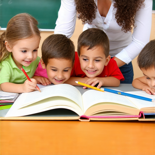 外籍老師教學場景，專注學生學習英語，提升語言能力，嬉笑互動，訓練口語表達，示範發音技巧，邀請立即免費體驗英語課程，學習效果顯著。