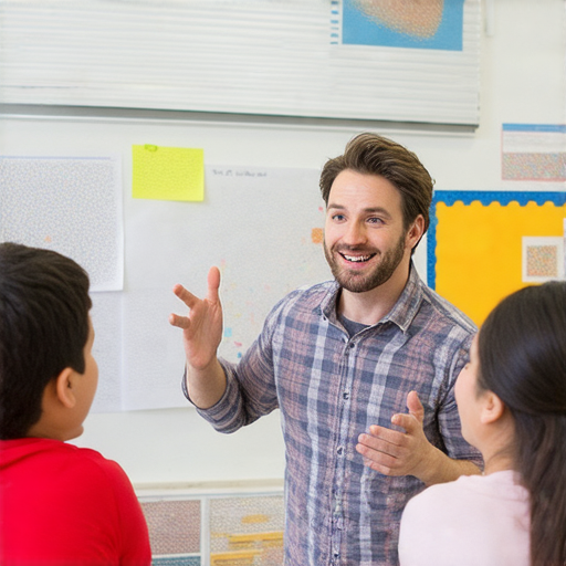 一位外籍老師在教室中與學生互動，笑容滿面，探討英文的美妙與特別之處，激發學生學習英語的熱情，讓學生立即提高英語能力。