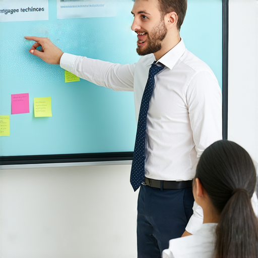 外籍英文老師一對一教學，學生專注學習，電子板展示使用技巧，學習新世界的場景，強調互動與提升英文能力，教師熱情指導，促進學習氛圍。