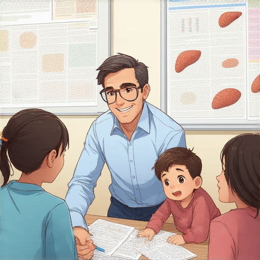 外籍老師與學生在探討肝臟健康知識，桌上有相關教材和健康圖表，背景為課堂環境，展示學習英文的互動情境，探索肝臟祕密的過程。