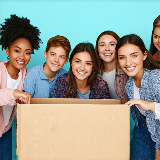 揭開紙箱的秘密，學生們聚在一起學習英語，交流文化，搭起全球橋樑，展示友誼與合作，背景為歡樂教學氛圍，象徵國際連結與專業知識提升。