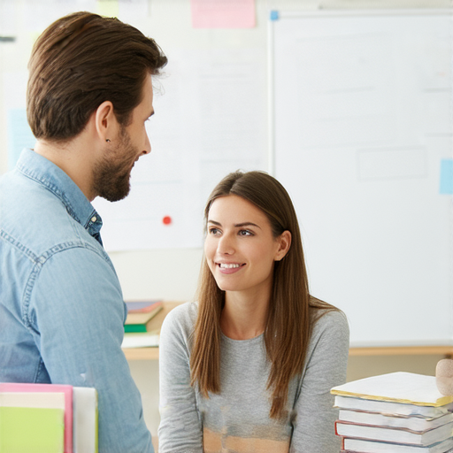 一名外籍老師正與學生進行一對一的英語教學，背景為教學環境，桌上擺滿學習資料。學習者專注聆聽，象徵著透過外籍老師的幫助，開啟流利英文之路。