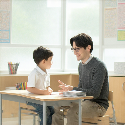 一位外籍英文教師正與學生在教室中進行一對一教學，氣氛輕鬆愉快，學生專心聆聽，體驗打破語言障礙，開啟流利之旅的學習過程。