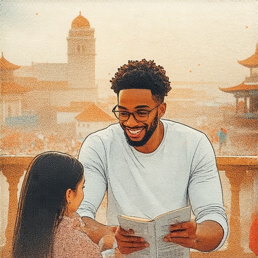 踏入陌生城市的外籍老師與學生一對一學習英文，背景展現充滿文化氛圍的街道，探索新語言的秘境，體驗語言學習的樂趣與獨特風情。