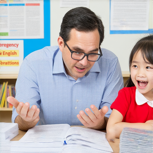 掌握緊急英文縮寫的教學場景，外籍老師與學生一對一互動，提升英文能力，學員專注學習，桌上有書籍和筆記，充滿活力的學習氛圍。