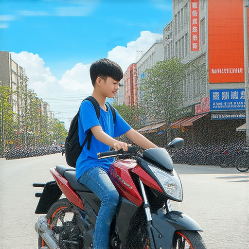 騎機車的學生與外籍老師一對一教學，專注於學英文，背景為城市街道，展現學習與騎行結合的方式，開啟探索新知的學習旅程。