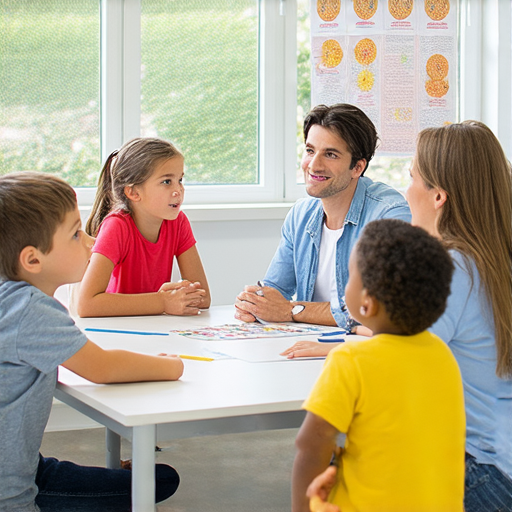 紫外線的影響與皮膚安全知識，學生在教室中與外籍英文老師討論紫外線防護的要點，周圍環境明亮，彰顯學習氛圍。