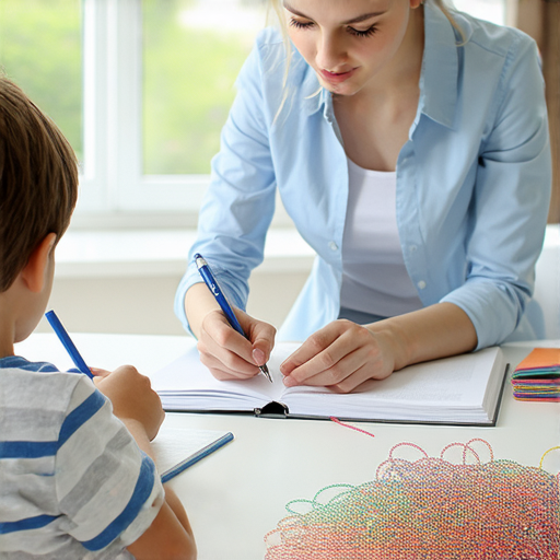 外籍老師一對一教學場景，學生專注於學習英文，桌上有橡筋，象徵解開學習的秘密，提升語言技能和自信。