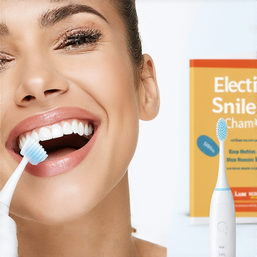 一位笑容燦爛的人正在使用電動牙刷，展示出潔白的牙齒，旁邊有英文口語技巧的學習材料，強調電動牙刷對提升微笑魅力的重要性。