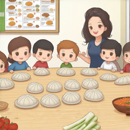 一位外籍老師正在教授學生水餃和水餃皮的英文單詞，學生專心聆聽，桌上擺放著水餃和相關食材，營造學習交流的氛圍。