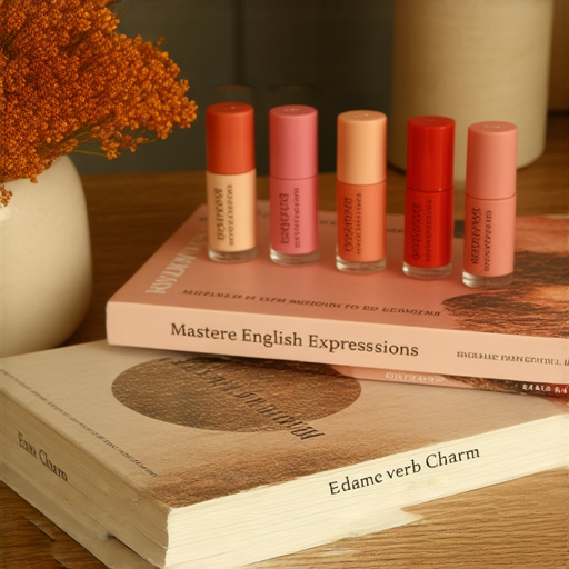 潤唇膏的各種款式陳列在桌上，搭配學習正確英文表達的書籍，提升口語魅力的主題，展現護唇與語言學習的完美結合。