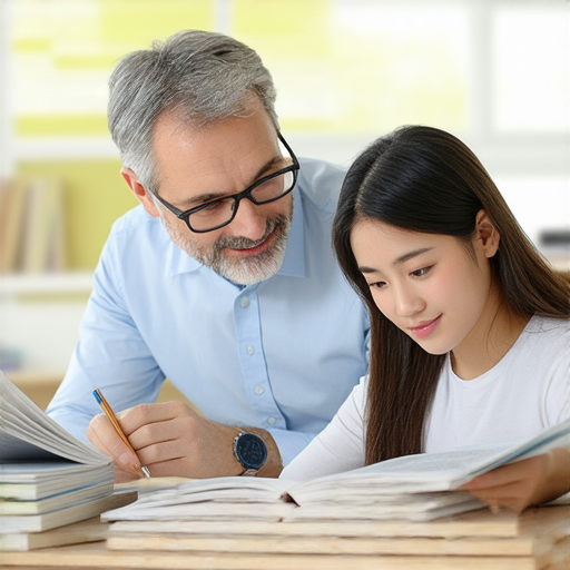 外籍老師一對一教學場景，學生專注學習英語，老師耐心指導，展現個性化學習的氛圍，掌握英語狀況的秘訣，開啟學習旅程。