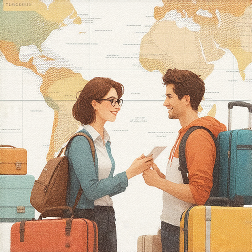 學習機票英文術語的外籍老師與學生一對一交流，背景為旅遊計畫相關的地圖和行李，提升旅遊計畫流暢度，增強旅遊經驗。