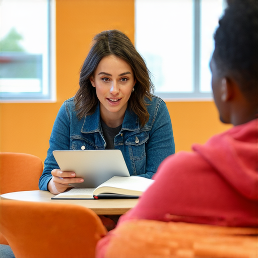 外籍老師在紫米英文進行一對一英語教學，學生專注學習，提升英語能力，教學環境輕鬆愉快，展示平台特色及個性化學習方式。