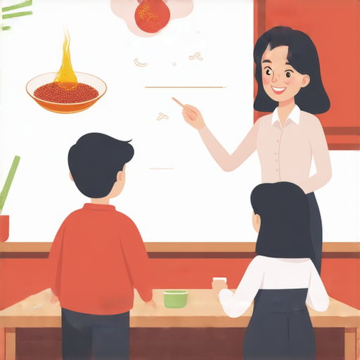 一位外籍老師正在與學生進行一對一課程，課堂上有辣椒油的元素，象徵學習英文如同調味，提升語言能力，確保學習過程有趣且富有成效。