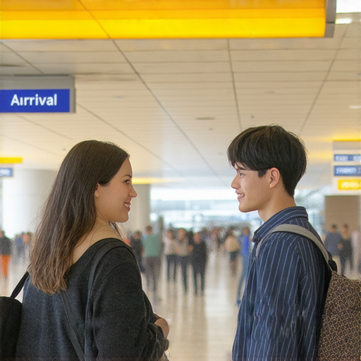 走進機場接機大堂，學生與外籍老師互動學習英文會話技巧，提升英語能力，背景顯示接機標誌和旅客，熱鬧且實用的學習環境。