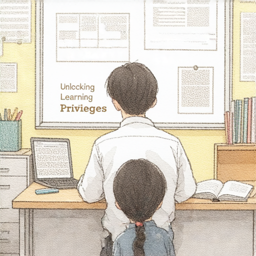 外籍老師與學生一對一進行英文教學，學生專注學習，教師耐心指導，教室環境輕鬆友好，標題「解鎖學習特權」，體驗流利英語的美好過程。