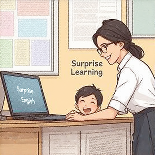 外籍老師與學生一對一互動，學生笑容滿面，學習英文中。標題為驚喜學英文，訴求輕鬆開口，展示沉浸式教學環境，突顯外籍教師專業與親和力。