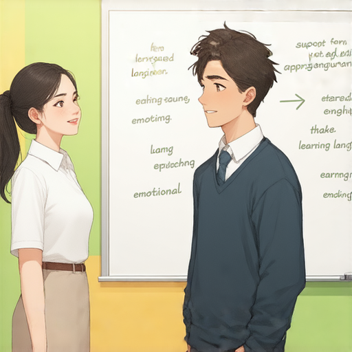 發洩情緒的最佳英文術語與外籍老師一對一輕鬆溝通的場景，展示學生學習和交流的過程，強調情緒表達和英語學習的重要性。