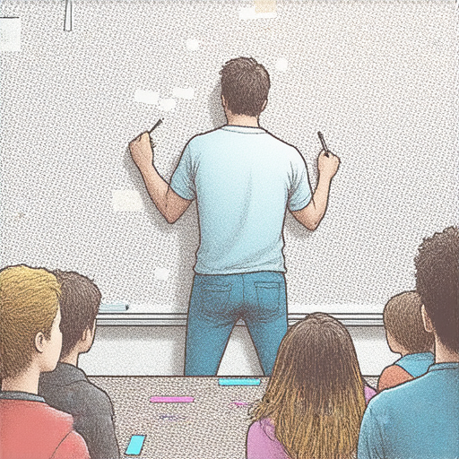 漫畫家創作過程的探索插圖，展示外籍老師與學生在學習漫畫技巧，激發創意的互動場景，強調輕鬆學習與創意之旅的元素。