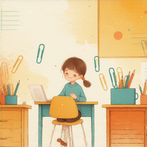 學生與外籍老師一對一互動學習英文，桌面上放著迴紋針，象徵著創新有趣的學習方式，讓學習變得更加輕鬆愉快，提升語言能力。