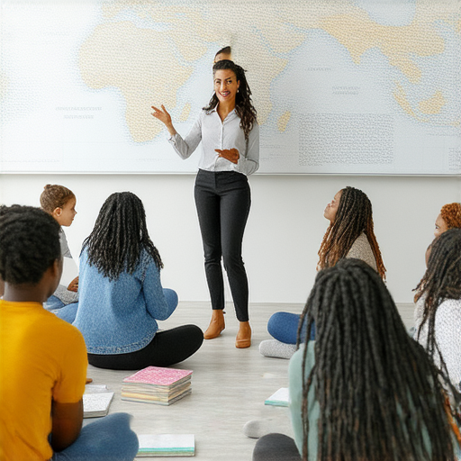 人們聚集在一起，學習腹瀉的真相並討論相關知識，旁邊有外籍老師教授英文，強調正確理解肚子痛的原因，促進健康意識和語言學習。