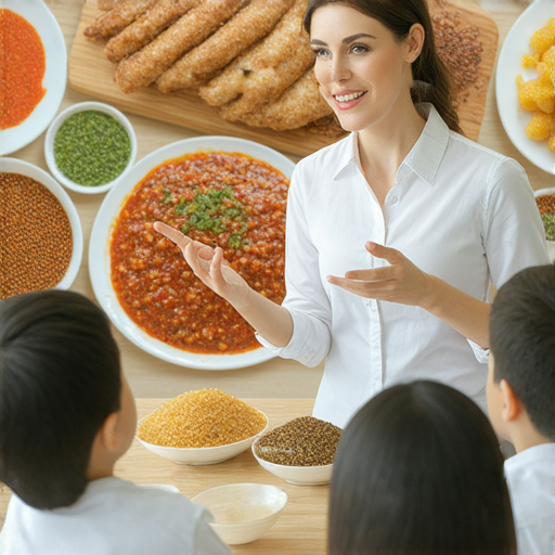 一位外籍老師在教室裡與學生互動，教導英文與中式盆菜的美味文化，背景展示多樣的中式菜餚，體驗一對一教學的獨特魅力和美食之旅。