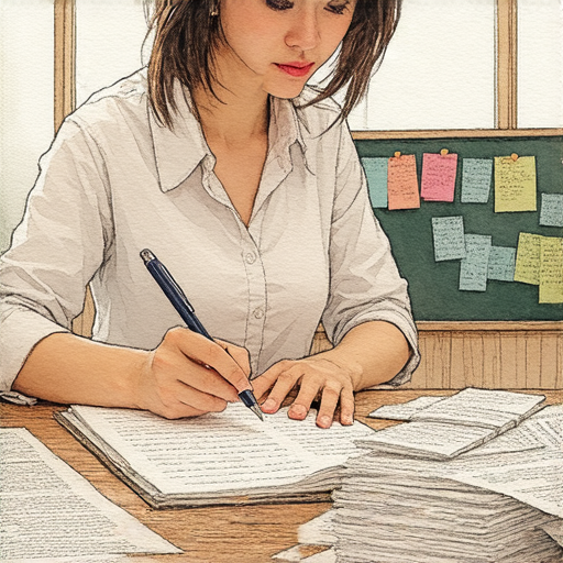 外籍英文老師在教室中書寫辭職信，桌上散落著教學資料，展示他們教學背後的奧秘和挑戰，激發對教育事業的深入探索。