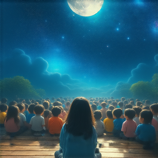 滿月之夜，外籍老師在教室中以英文教學的方式吸引學生注意，學習的氛圍充滿智慧與探索，點亮每個學生的知識星空。