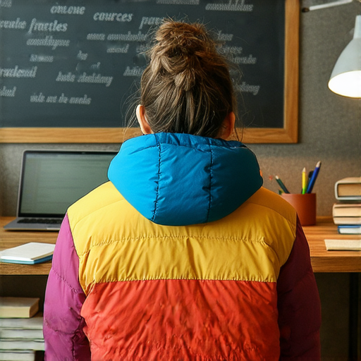 羽絨外套的英文學習宣傳圖片，展示一對一課程的學習環境，邀請大家立即探索提升英文能力和單字學習的機會。