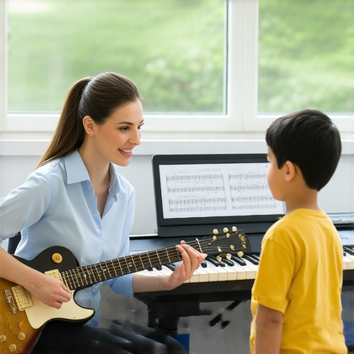 學員與外籍老師互動，一對一教學中專注於樂器演奏，英語學習與音樂結合，提升語言能力，體驗獨特的學習方式，快來加入我們的課程！