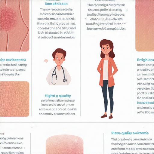 揭開皮膚之謎的圖片，展示各種皮膚病的症狀及其解釋，一對一英文教學場景，幫助學習者無懼交流，促進皮膚健康知識的傳遞。