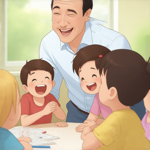 外籍英文老師正在與學生互動，輕鬆教學提升英語能力的場景，學生露出微笑，環境舒適，展現友好的學習氛圍，讓學習英語變得更有趣。