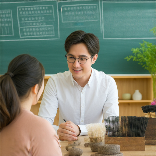 外籍老師一對一教學，幫助學生用英文了解燒香文化，課堂場景中展示燒香道具和文化介紹，增進跨文化交流。