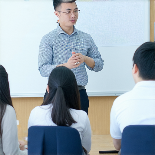 一位外籍老師正在指導香港公務員學習英文，學生專注聆聽，教材展示清晰，環境專業，協助提升職涯發展。