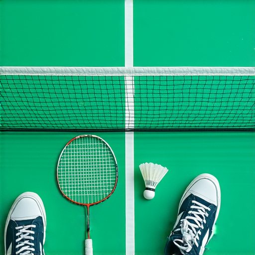 羽毛球場、羽毛球拍、羽毛球與專業羽毛球鞋的組合，展現羽毛球運動的魅力，促進一對一學習提升英文專業詞彙，適合羽毛球愛好者。