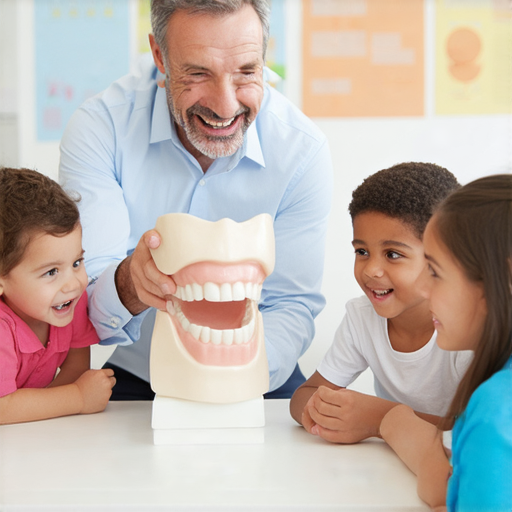 牙齒檢查課程中外籍老師指導學生學習正確表達技巧，課堂上有牙齒模型和教學材料，學生們積極參與，氛圍輕鬆愉快。