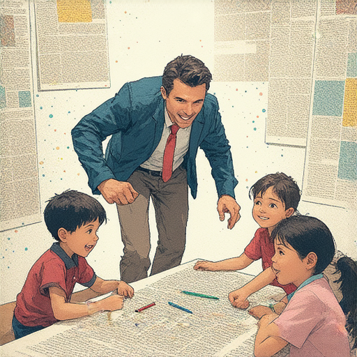 穿越時空學英文的外籍老師在教室裡與學生進行一對一互動，營造冒險學習氛圍，搭配學習工具和書籍，體驗生動的英語課程。