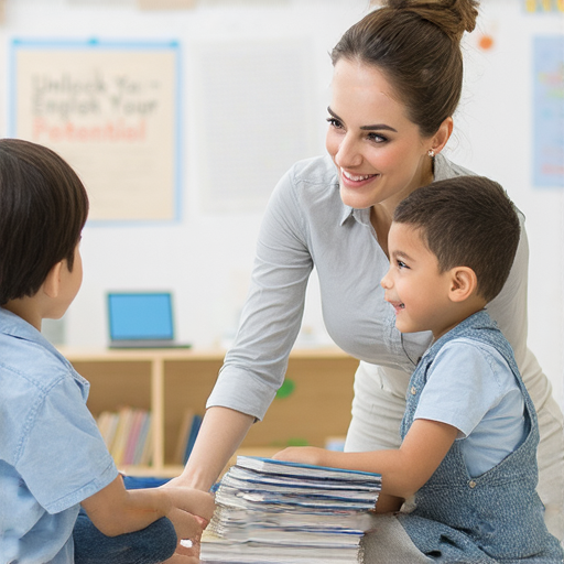 一位外籍老師與學生一對一互動，老師專注指導，學生熱情學習，背景展示英語學習環境，表現出「Unlock Your English Potential」的教學魅力與學習熱忱。