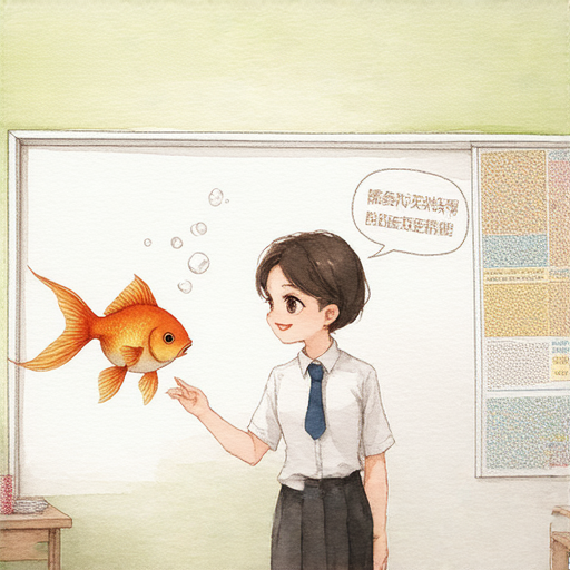 金魚與外籍老師一對一教學的圖片，展現學員輕鬆流利對話的瞬間，金魚象徵智慧與好奇，課堂氛圍愉快，提升語言學習的趣味性與互動性。