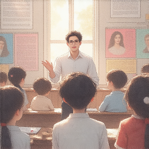 外籍老師與學生共同探索浪漫英文詩句的場景，背景為教室，學生們聚精會神，積極互動，展現對詩歌的熱情，表現出愛在言語之間的深刻情感。