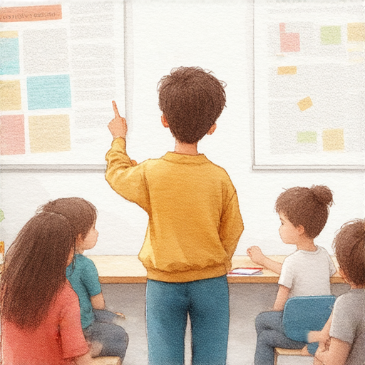 外籍英文老師在教室中指導學生，專注於流利表達，學生們積極參與，氣氛輕鬆愉快，探索個人風格的學習過程，提升語言能力。