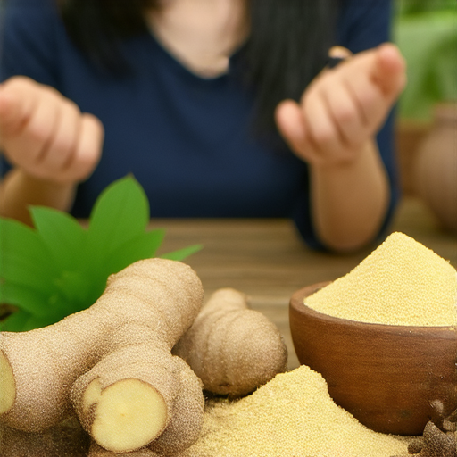 外籍英文老師講解沙薑與沙薑粉的特性，桌上擺放沙薑與沙薑粉，周圍有相關食材，吸引觀眾學習精準表達沙薑的使用方法和風味。