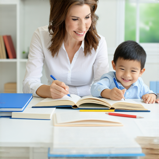 外籍英文教師與學生一對一學習場景，桌上有教材和筆記，展現英語學習的互動，促進學生與外籍老師的交流，立即體驗專業教學的機會，點擊了解更多詳情。