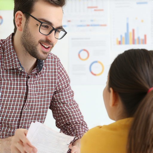 一位外籍老師與學生進行一對一財商英文課程的互動，背景顯示理財相關圖表和數據分析，強調提升財商的學習機會，開啟個人理財之路。