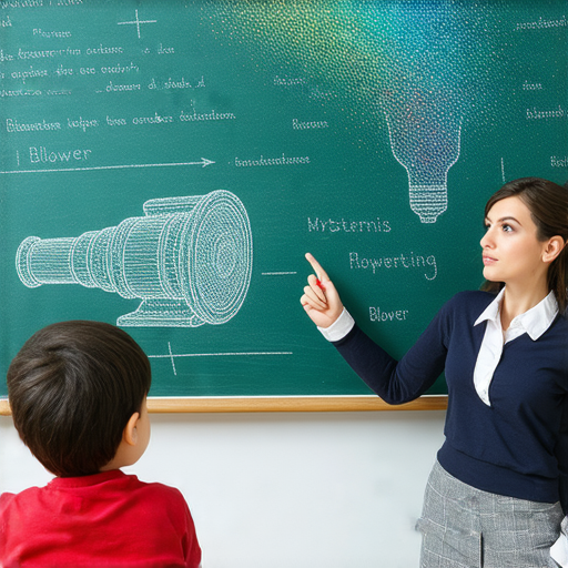 探索鼓風機的奧秘，外籍英文老師一對一授課，學生專注學習，背景展示鼓風機結構，知識飛揚，氣氛活潑，促進互動與理解。