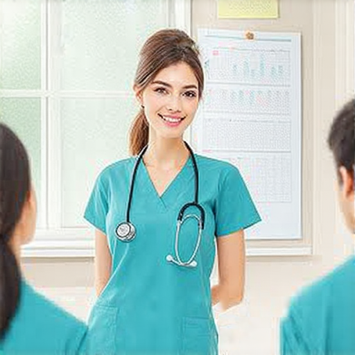 一名護士與外籍老師進行一對一的英文教學，專注於提升社區健康專業技能，課堂環境明亮友好，學習氛圍輕鬆愉快，適合想成為精通社康的護士。